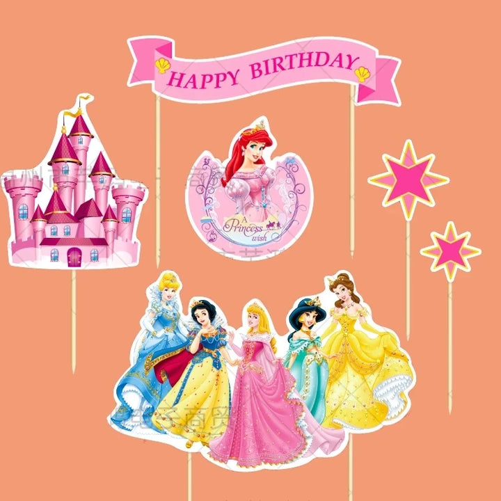 6Pcs/set Disney Six Princess Theme Cake Cupcake Toppers Cake Flag Wedding Girls Birthday Party Decor Baby Shower Cake Supplies