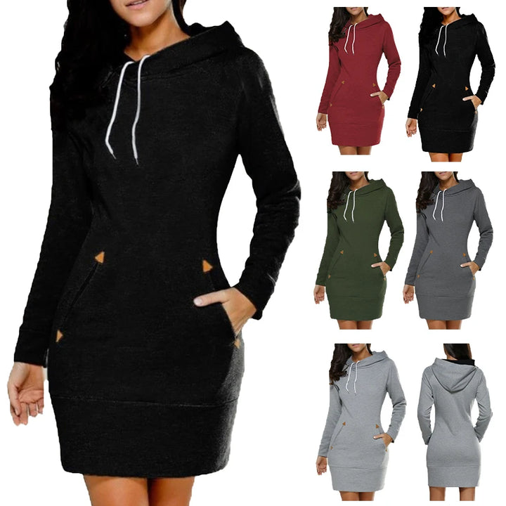 Fashion Sweatshirt Dresses for Women Pocket Hooded Casual Dress Solid Color Long Sleeve Mini Dress