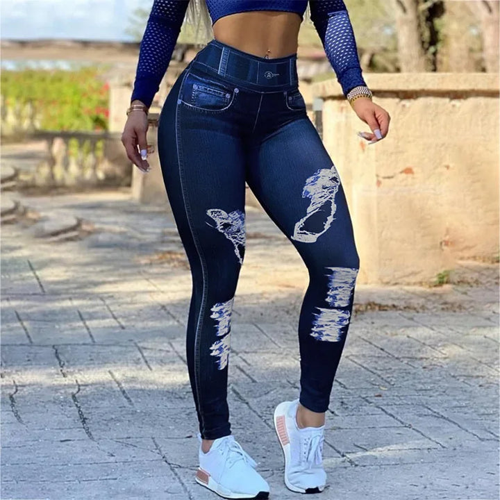 Denim Look Print High Waist Tummy Control Butt Lift Leggings Women Slim Pencil Pants Spring Summer Leggins New