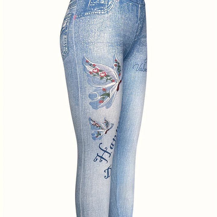 Faux Denim Butterfly Print Skinny Leggings Women Sports Pants