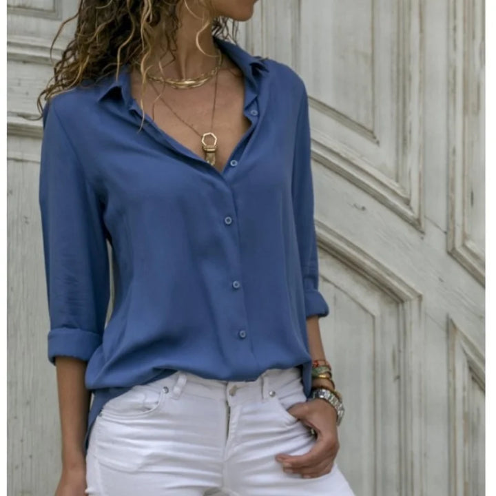 Women Elegant Solid Chiffon Blouse Spring Summer Casual Long Sleeve V Neck Loose Shirt Office Lady Tunics Oversized Tops 2024