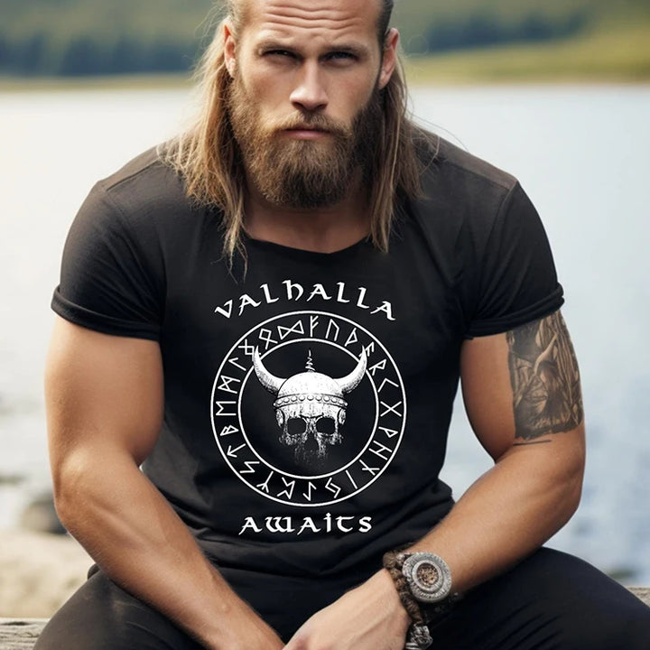 Valhalla Awaits Viking T-shirt Norse Mythology T-shirt Summer Outdoor Casual Men's T-shirt Street Fashion Men's Short Sleeve Top