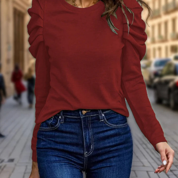 2024 Autumn Winter High Elastic Round Neck Long Sleeve T-shirt Women's Bubble Sleeve Slim Fit Top Solid Color Casual Jumper