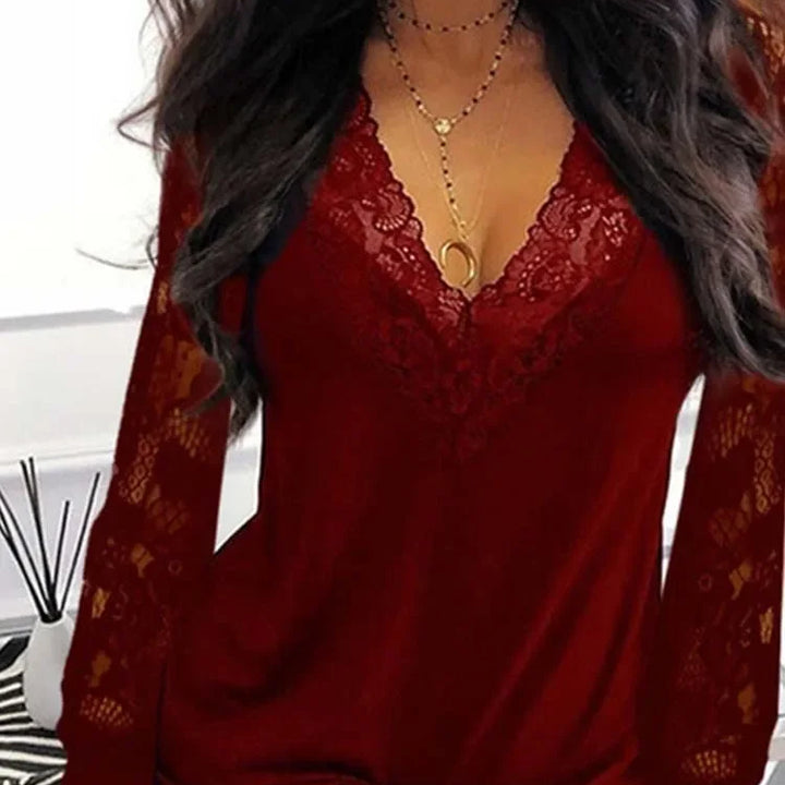 Stunning Lace Stitching V-Neck Tee with See-Through Long Sleeves for Women Y2k Clothes  Thirt Shirt Femme