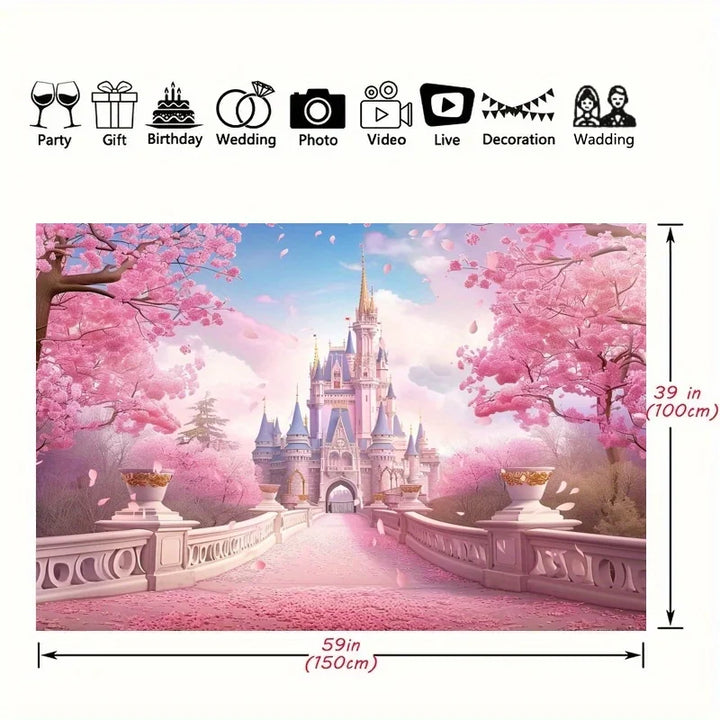 Magic Princess Castle Background - pink cherry blossoms and rainbow flowers, perfect for birthday and wedding parties