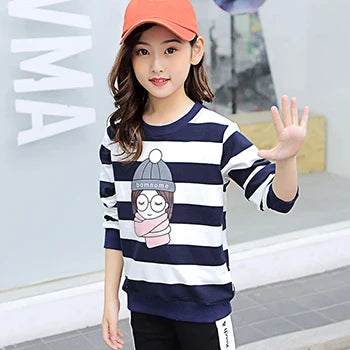 4 6 8 10 12 14 Year Teen Girls Sweatshirt Spring Kids Pullover Top Stripe Girls Clothes Winter Plus Velvet Warm Children Sweater