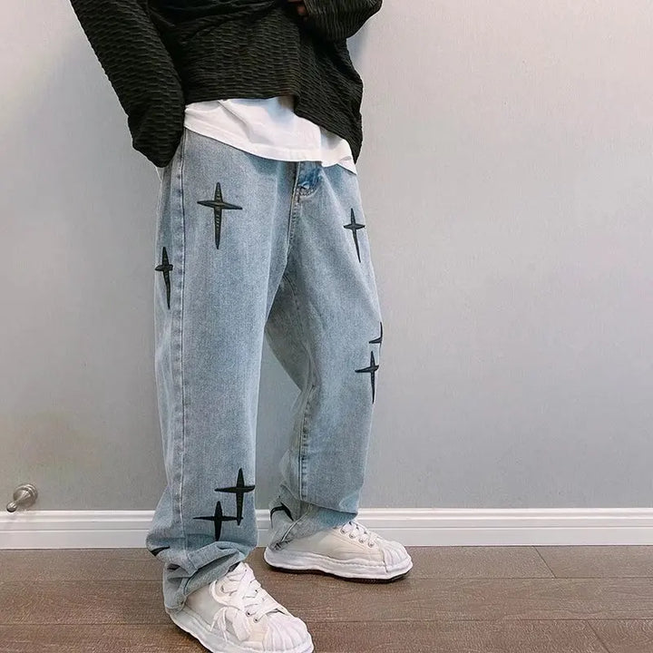 Prints Jeans Men 2024 New Streetwear Baggy Wide Leg Jeans Korean Fashion Drapes Straight Casual Loose Denim Cargo Pants