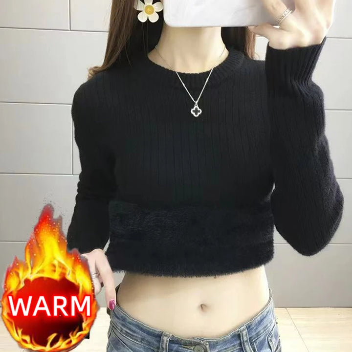 Turtleneck Winter Sweater Women Elegant  Sueter Fleece KnittedThicken Velvet Lined Warm Pullover Slim Top Jersey Knitwear Jumper