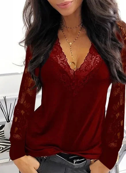 Stunning Lace Stitching V-Neck Tee with See-Through Long Sleeves for Women Y2k Clothes  Thirt Shirt Femme