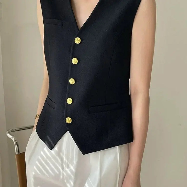 Retro high-end black V-neck suit vest women's summer waist slimming short style small fragrant vest jacket