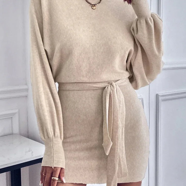 Elegant Long Sleeve Bodycon Dress Women 2024 Boat Neck Batwing Sleeve Belted Dress Sweater Wool Woman Winter Commute Mini Dress