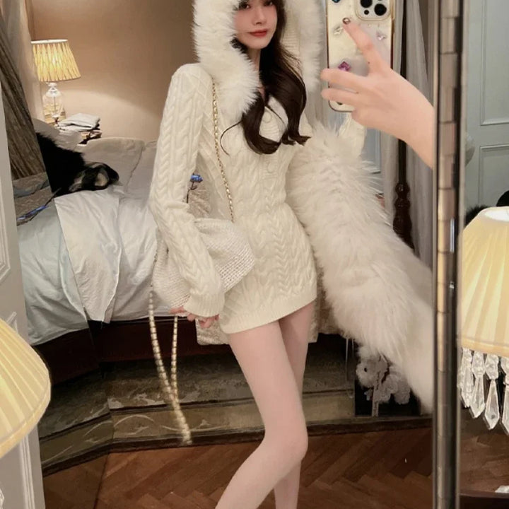 2024 Winter Knitted Sweater Dress with Hooded Women Slim Bodycon Y2k Mini Dress Faux Fur Female One Piece Dress Korean Elegant