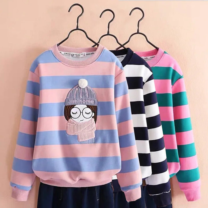 4 6 8 10 12 14 Year Teen Girls Sweatshirt Spring Kids Pullover Top Stripe Girls Clothes Winter Plus Velvet Warm Children Sweater