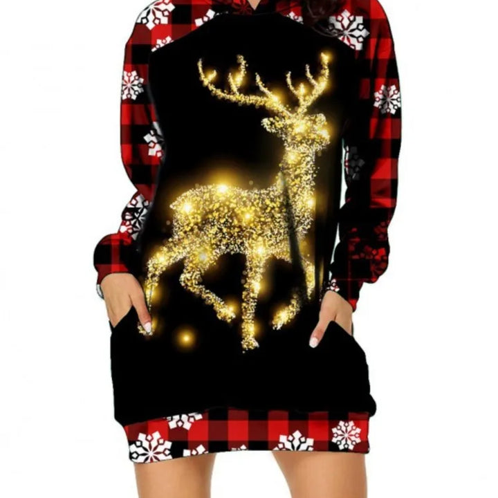 Christmas Hoodie Dress Women Fashion Elk Print Loose Sweatshirt Famale Autumn Winter Women's Clothing Party Dresses 2024 Robe