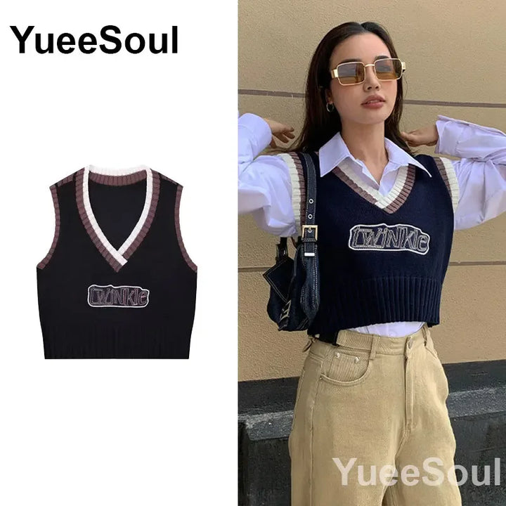 Vintage Knitted Women Sweater Vest American Y2K Aesthetic Sweet Cute 90s Slim Crop Waistcoat 2024 New Plaid Sleeveless Knitwears