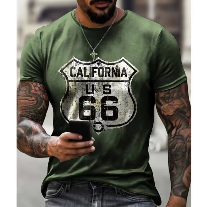 New Summer/Fall Men's Clothing 3d Printed Men's Route 66 Short Sleeve T-Shirt Men's Loose Fashion Casual Extra Size T-Shirt