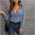 Sexy U-Neck Long Sleeve Slim Fit Top Women Solid Color Lantern Sleeve T-Shirt Autumn Fashion Top