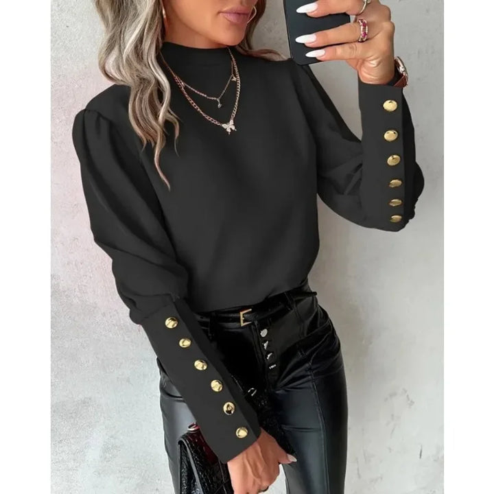 Autumn Commuter Elegant Women's Long Sleeved Shirt Simple Solid Color Round Neck Button Shirt Fashion Lace Backless Casual Shirt