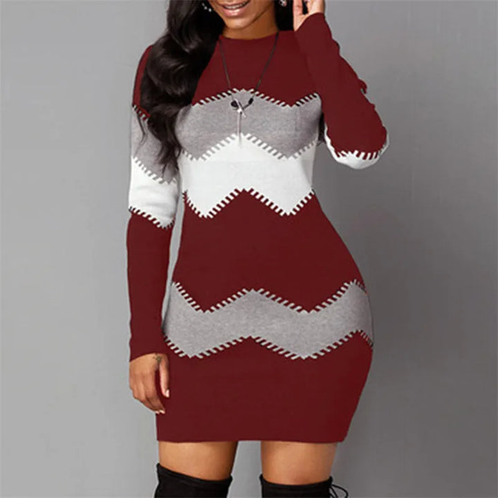 Women Elegant Patchwork Long Sleeve Warm Dress 2024 Autumn Winter Rib Knit Sweater Dress Casual Turtleneck Pullover Mini Dresses