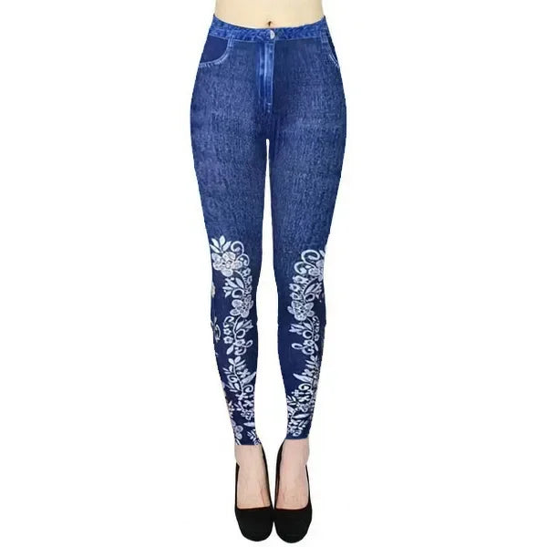 Denim Look Print High Waist Tummy Control Butt Lift Leggings Women Slim Pencil Pants Spring Summer Leggins New