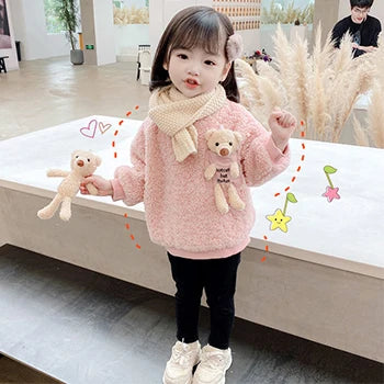 1 2 3 4 5 6 Year Baby Girls Sweatshirt Spring Autumn Warm Fleece Tops Cute Bear Pullover Children's Sweater Toddler Girl Clothes