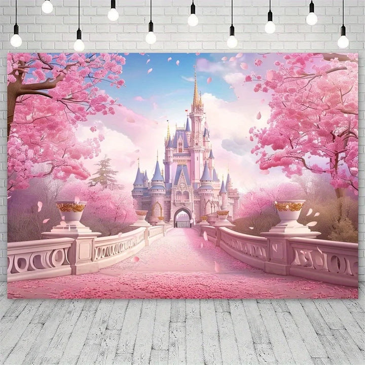 Magic Princess Castle Background - pink cherry blossoms and rainbow flowers, perfect for birthday and wedding parties