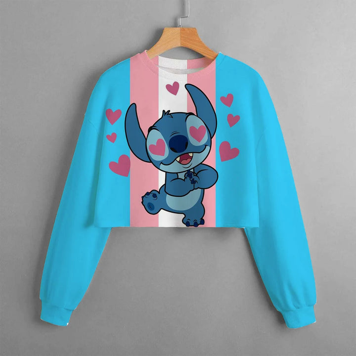 2024 New Girls' Sweatshirt Disney Lilo&Stitch Pattern 3D Printed Cartoon Print Casual Wear Short Pullover Long Sleeve Top