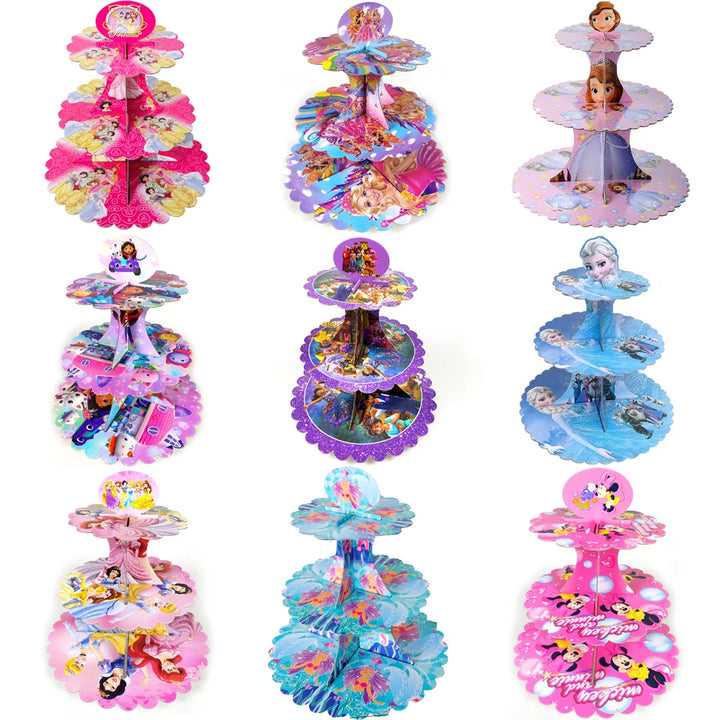 1set/lot Princesses Sofia Frozen Minnie Mermaid Gabby Encanto Theme 3 Tier Paperboard Cake Stand Birthday Party Supplies