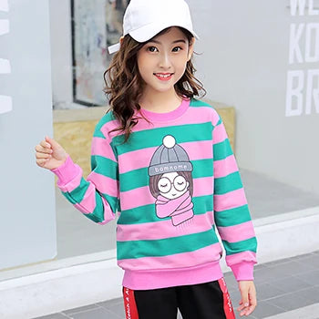 4 6 8 10 12 14 Year Teen Girls Sweatshirt Spring Kids Pullover Top Stripe Girls Clothes Winter Plus Velvet Warm Children Sweater