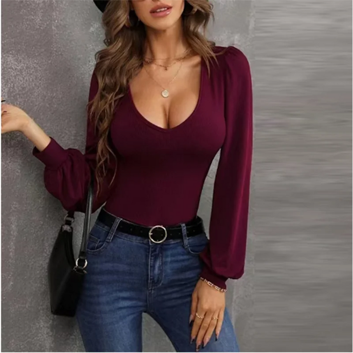 Sexy U-Neck Long Sleeve Slim Fit Top Women Solid Color Lantern Sleeve T-Shirt Autumn Fashion Top