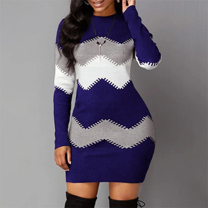 Women Elegant Patchwork Long Sleeve Warm Dress 2024 Autumn Winter Rib Knit Sweater Dress Casual Turtleneck Pullover Mini Dresses