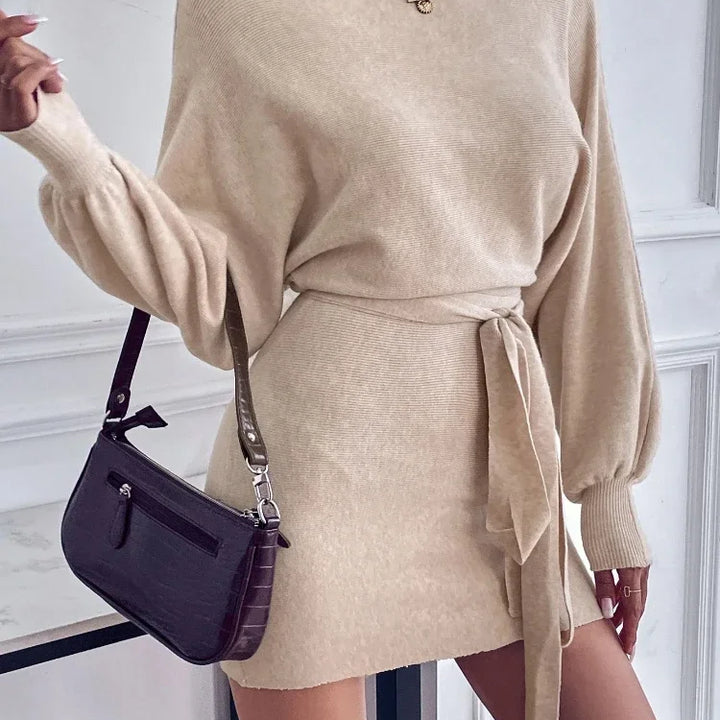 Elegant Long Sleeve Bodycon Dress Women 2024 Boat Neck Batwing Sleeve Belted Dress Sweater Wool Woman Winter Commute Mini Dress