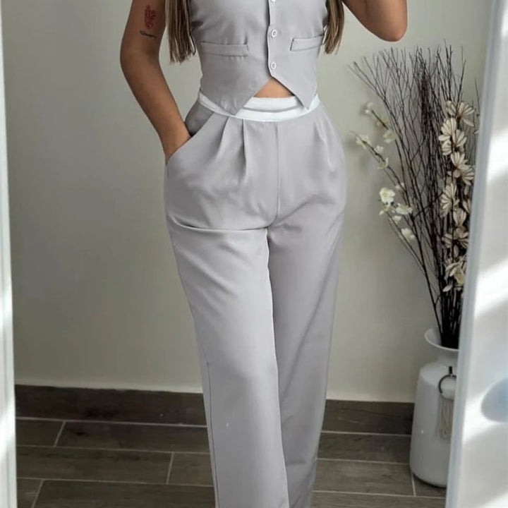 New Fashion 2024 Summer Casual Sexy Elegant V-Neck Buttoned Vest Top & Pocket Design Pants Set Womens Two Piece Sets Outfit