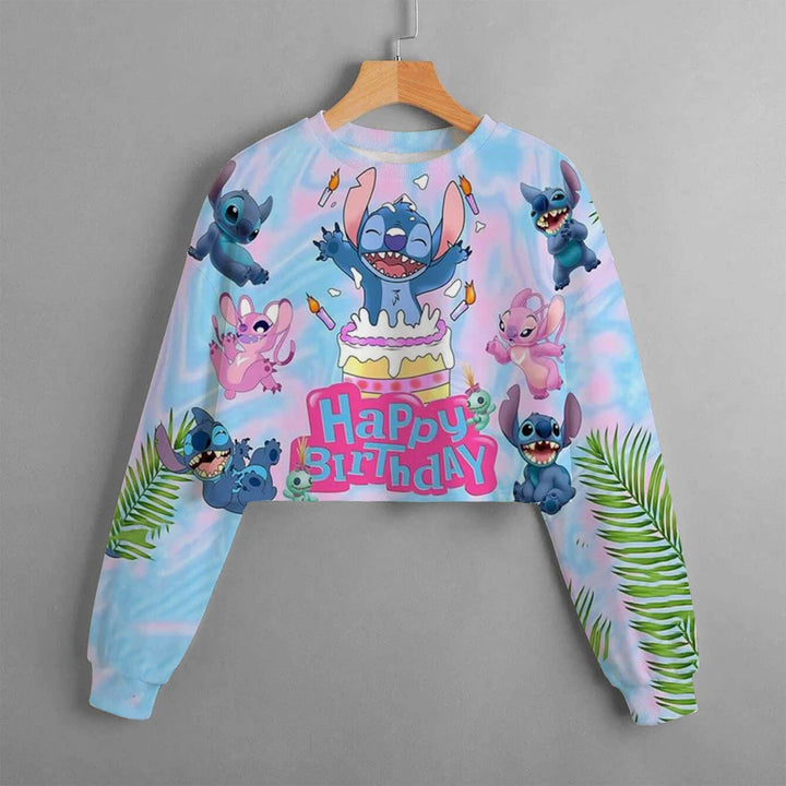 2024 New Girls' Sweatshirt Disney Lilo&Stitch Pattern 3D Printed Cartoon Print Casual Wear Short Pullover Long Sleeve Top