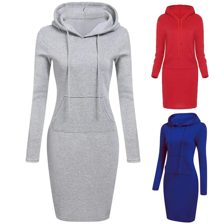 Autumn Winter Warm Sweatshirt Long-sleeved Dress Woman Clothing Hooded Collar Pocket Simple Casual lady Dress Vesdies Sweatshirt