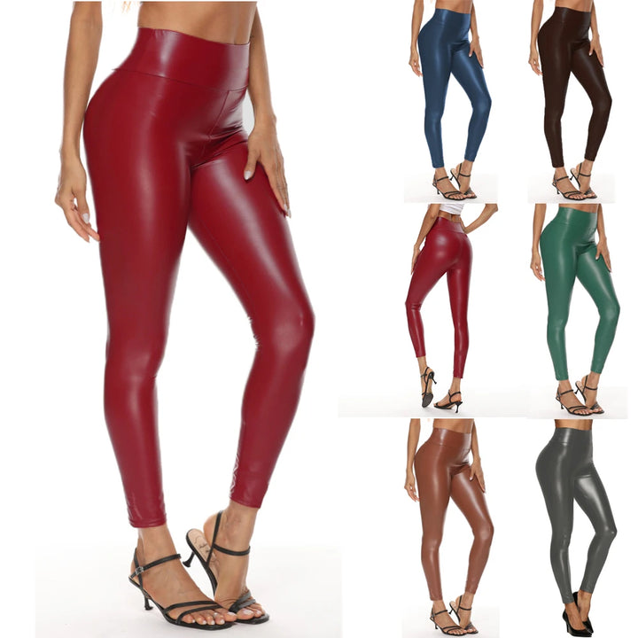 Colorful Faux Leather Pants Women High Waist Skinny Hip Lifting Leggings Pencil Jeggings Stretchable Imitation Leather Trousers