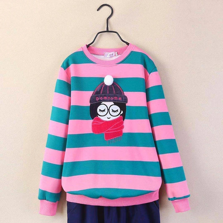 4 6 8 10 12 14 Year Teen Girls Sweatshirt Spring Kids Pullover Top Stripe Girls Clothes Winter Plus Velvet Warm Children Sweater