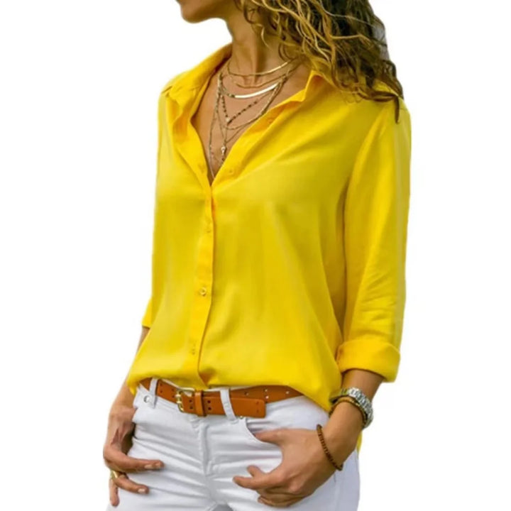 Women Elegant Solid Chiffon Blouse Spring Summer Casual Long Sleeve V Neck Loose Shirt Office Lady Tunics Oversized Tops 2024