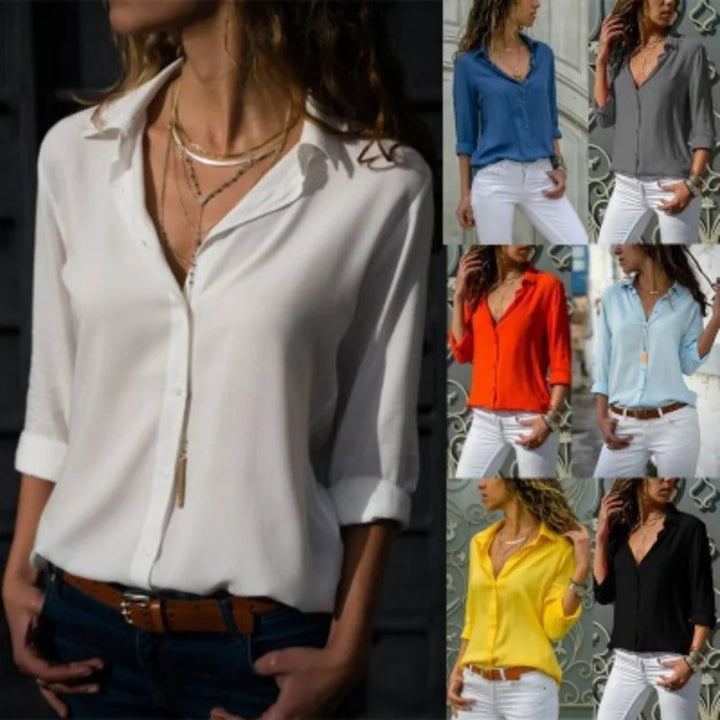 Women Elegant Solid Chiffon Blouse Spring Summer Casual Long Sleeve V Neck Loose Shirt Office Lady Tunics Oversized Tops 2024