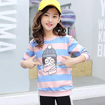 4 6 8 10 12 14 Year Teen Girls Sweatshirt Spring Kids Pullover Top Stripe Girls Clothes Winter Plus Velvet Warm Children Sweater