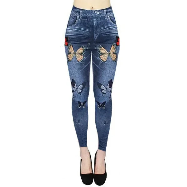 Denim Look Print High Waist Tummy Control Butt Lift Leggings Women Slim Pencil Pants Spring Summer Leggins New