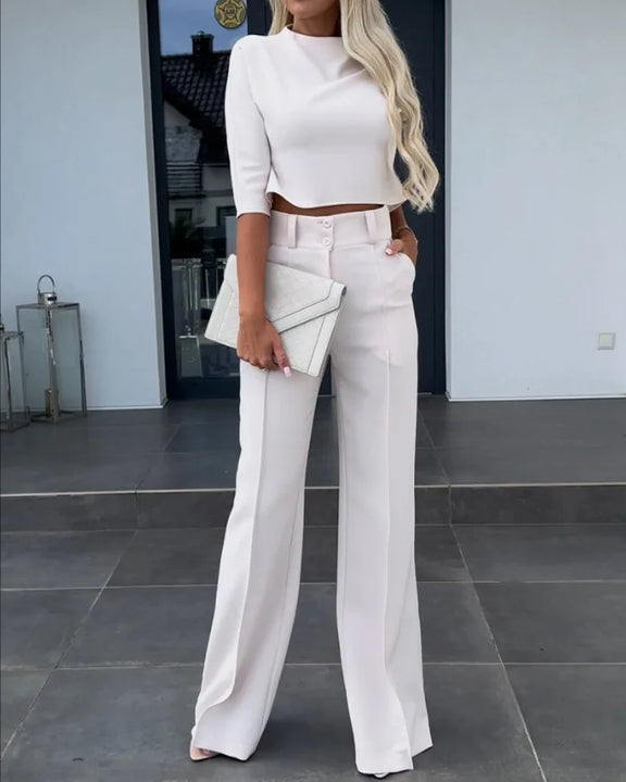 2024New Fashion Women's Elegant Small High Neck Casual Shorts Top Pocket Micro Horn Elegant Pants Set