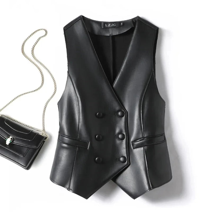 2024 Spring Autumn Black Soft Pu Leather Vest Double-breasted Elegant Office Sleeveless Jackets for Waistcoat Female Outerwear