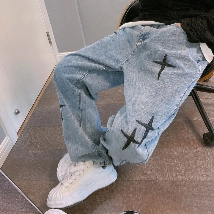 Prints Jeans Men 2024 New Streetwear Baggy Wide Leg Jeans Korean Fashion Drapes Straight Casual Loose Denim Cargo Pants