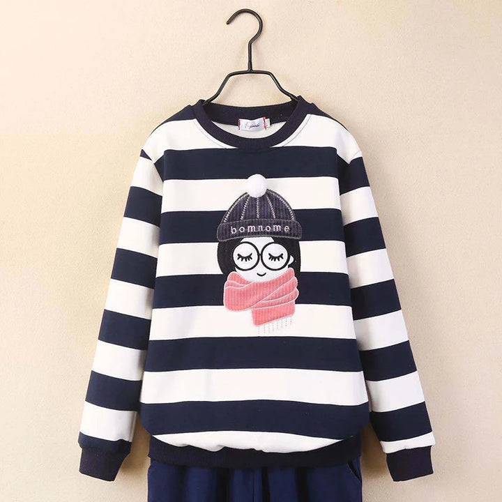 4 6 8 10 12 14 Year Teen Girls Sweatshirt Spring Kids Pullover Top Stripe Girls Clothes Winter Plus Velvet Warm Children Sweater