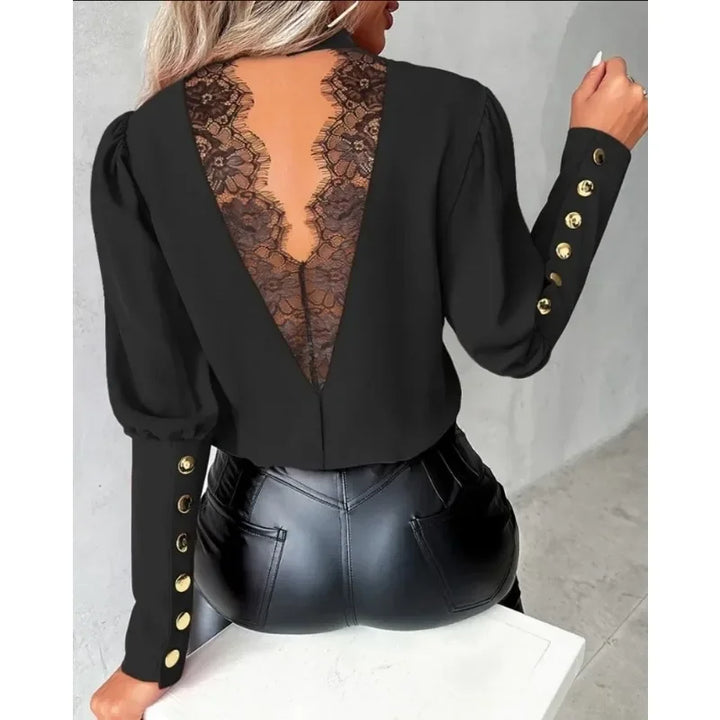 Autumn Commuter Elegant Women's Long Sleeved Shirt Simple Solid Color Round Neck Button Shirt Fashion Lace Backless Casual Shirt