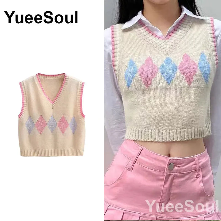 Vintage Knitted Women Sweater Vest American Y2K Aesthetic Sweet Cute 90s Slim Crop Waistcoat 2024 New Plaid Sleeveless Knitwears