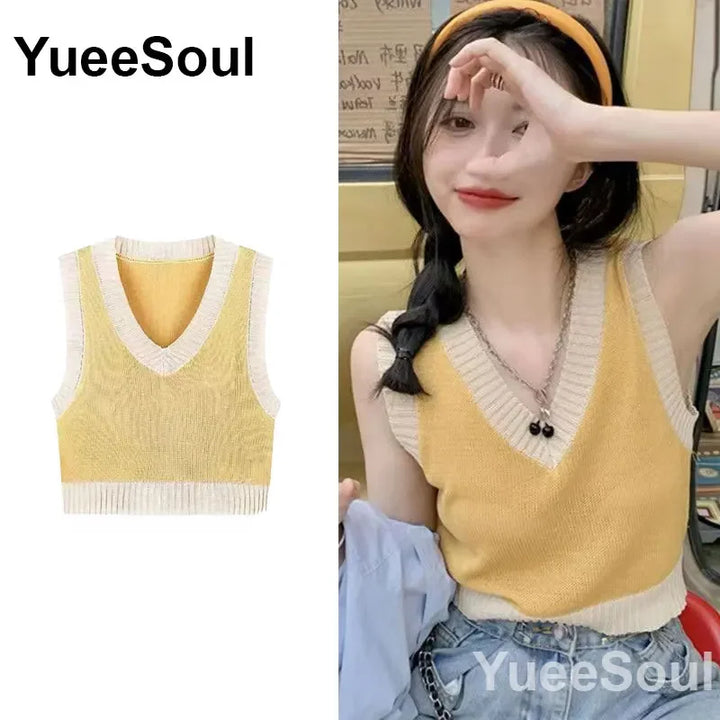 Vintage Knitted Women Sweater Vest American Y2K Aesthetic Sweet Cute 90s Slim Crop Waistcoat 2024 New Plaid Sleeveless Knitwears