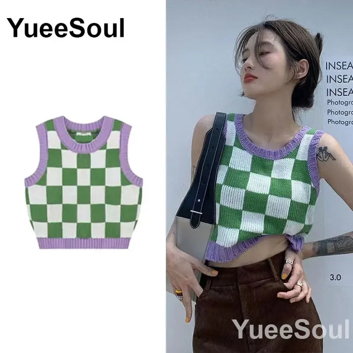 Vintage Knitted Women Sweater Vest American Y2K Aesthetic Sweet Cute 90s Slim Crop Waistcoat 2024 New Plaid Sleeveless Knitwears