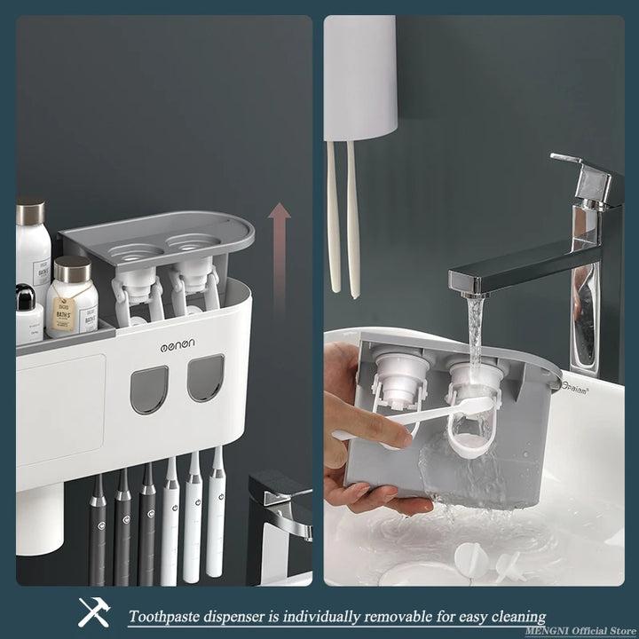 MENGNI-Magnetic Adsorption Inverted Toothbrush Holder Wall -Automatic Toothpaste Squeezer Storage Rack Bathroom Accessories